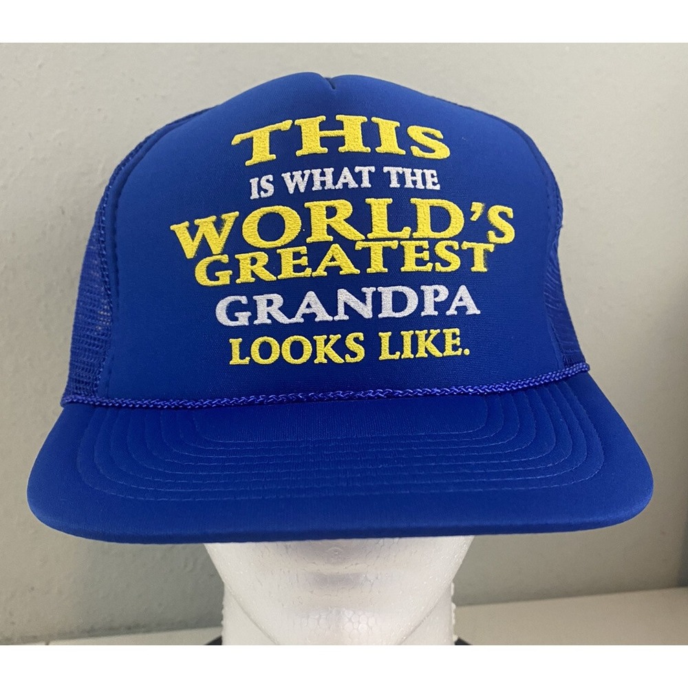 Vintage Nissun Worlds Greatest Grandpa Novelty Trucker Hat Blue Mesh Snapback
